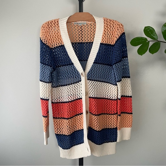 Cleo Crochet Knit Cardigan Sweater Colorful Striped Petites Size Medium - Picture 3 of 6
